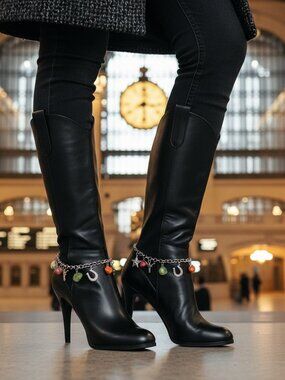 Women 2PCS Boot Bracelet Silver Metal Chain Stone Shoe Western Bull Star Charm